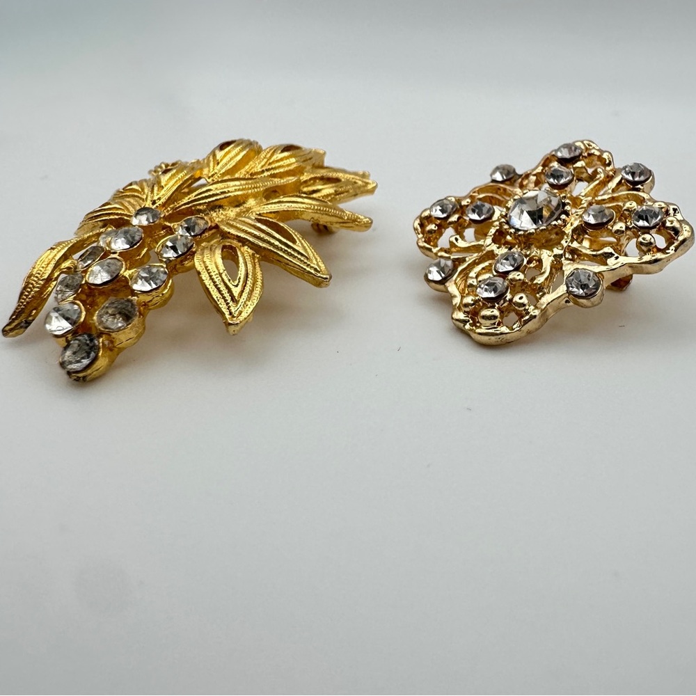 Vintage Rhinestone Gold Tone Brooch Pins Bundle of 2 Estate Costume Jewelry Lot - Picture 4 of 10
